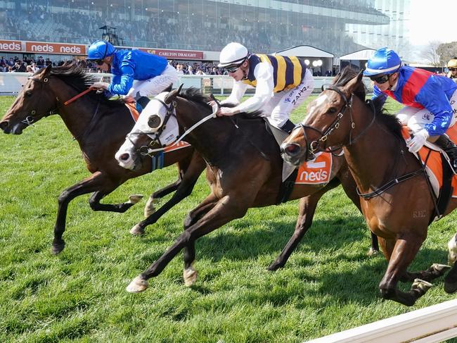 Anamoe ridden by James McDonald wins the Neds Might And Power at Caulfield Racecourse on October 08, 2022 in Caulfield, Australia. (Photo by Reg Ryan/Racing Photos via Getty Images)