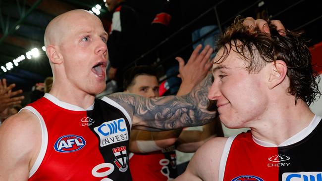 MELBOURNE, AUSTRALIA - AUG 17: Zak Jones of the Saints leaves the field after a win during the 2024 AFL Round 23 match between the St Kilda Saints and the Geelong Cats at Marvel Stadium on August 17, 2024 in Melbourne, Australia. (Photo by Dylan Burns/AFL Photos via Getty Images)