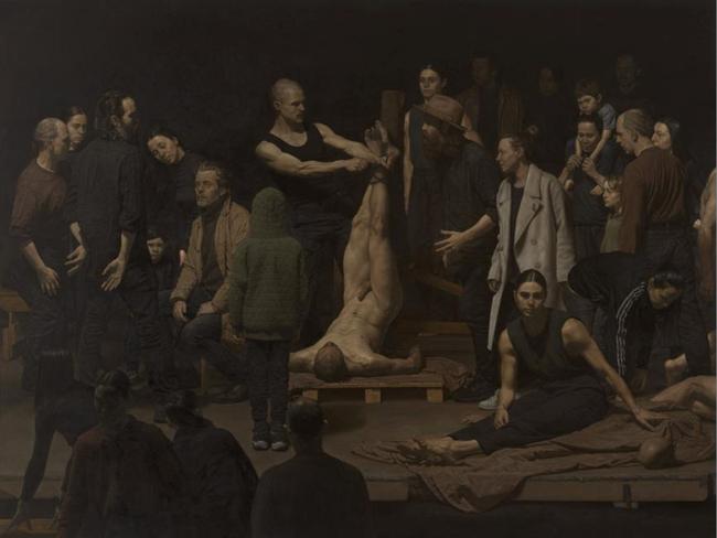 Cormac in Arcadia by Marcus Wills depicts 13-year-old Cormac Wright, who appeared alongside Joel Edgerton and Sean Harris in the 2022 film The Stranger watching a mythical scene from Greek antiquity. Cormac is the middle in the green hoodie. Wills won the Archibald Prize in 2006. Picture: Marcus Wills, Archibald 2025, Photo: Art Gallery of New South Wales, Jenni Carter