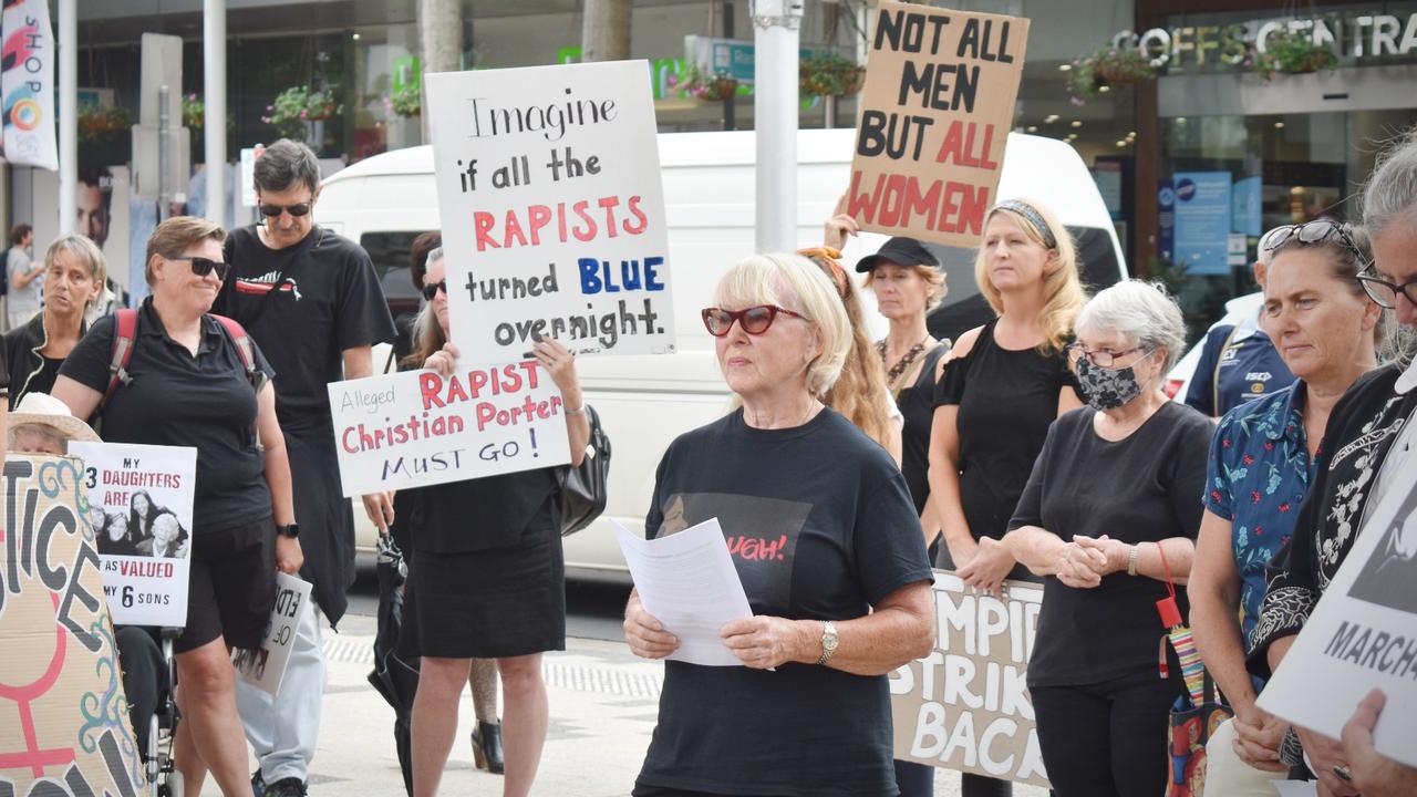 Protesters gathered at City Square on Monday for the March 4 Justice event in Coffs Harbour.