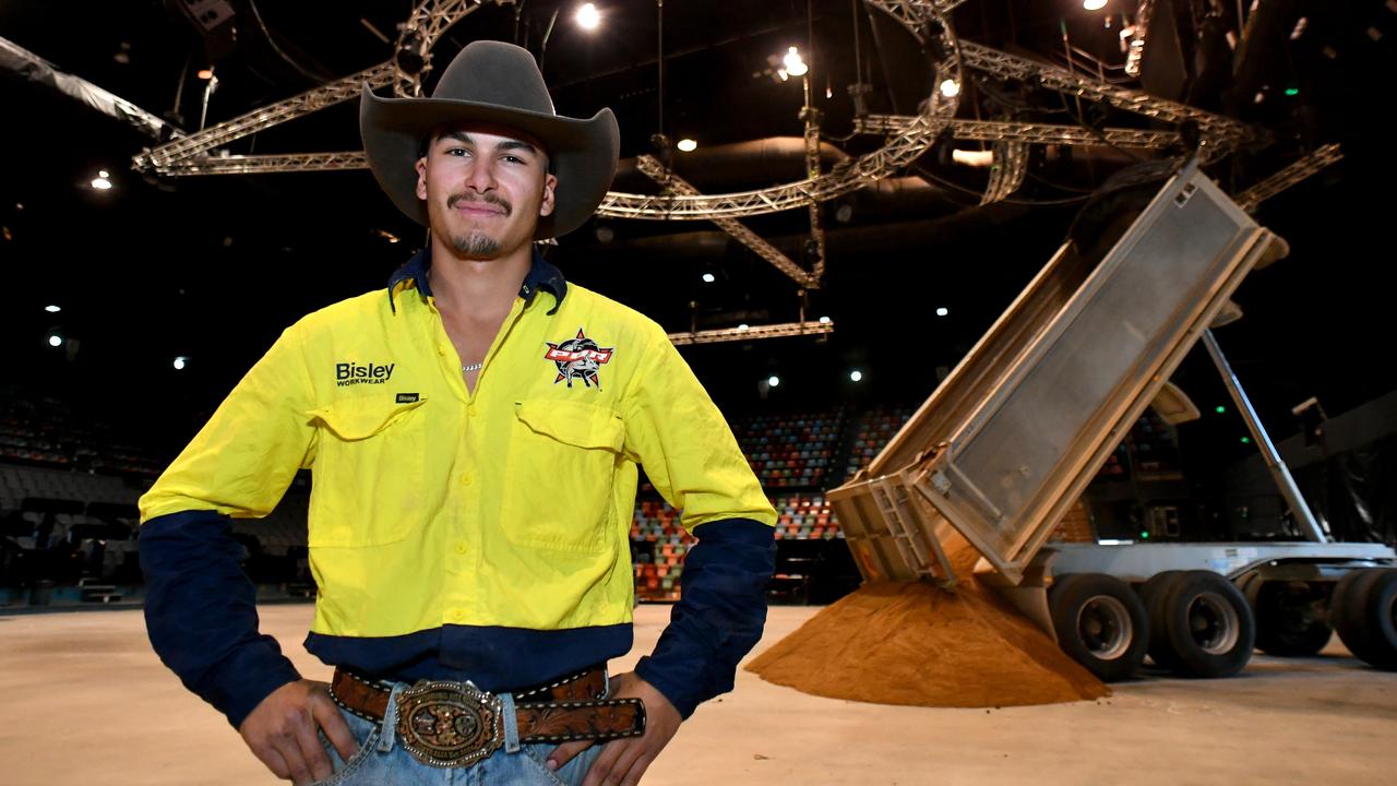 PBR operations manager Joel Catanzaro with the first load of dirt ahead of the PBR finals at the Townsville Entertainment Centre. Picture: Evan Morgan