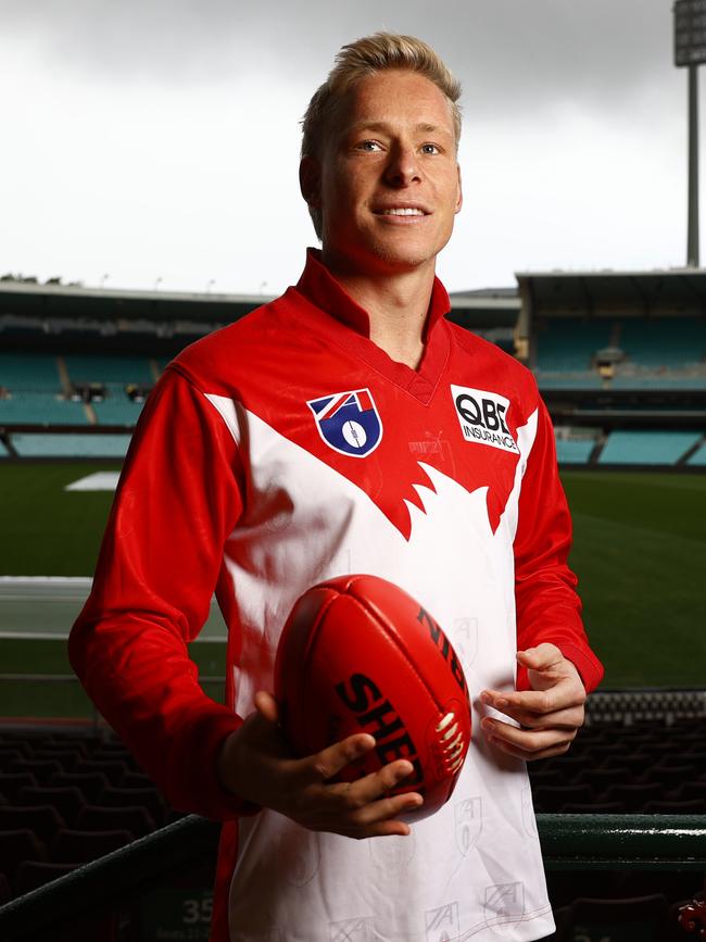 Isaac Heeney donned the long-sleeve Swans jumper at the SCG ahead of Retro Round. Picture: Richard Dobson