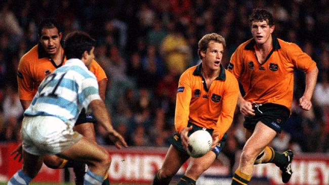 Michael Lynagh (c) during an Australia vs Argentina match at Sydney Football Stadium. Picture: Supplied