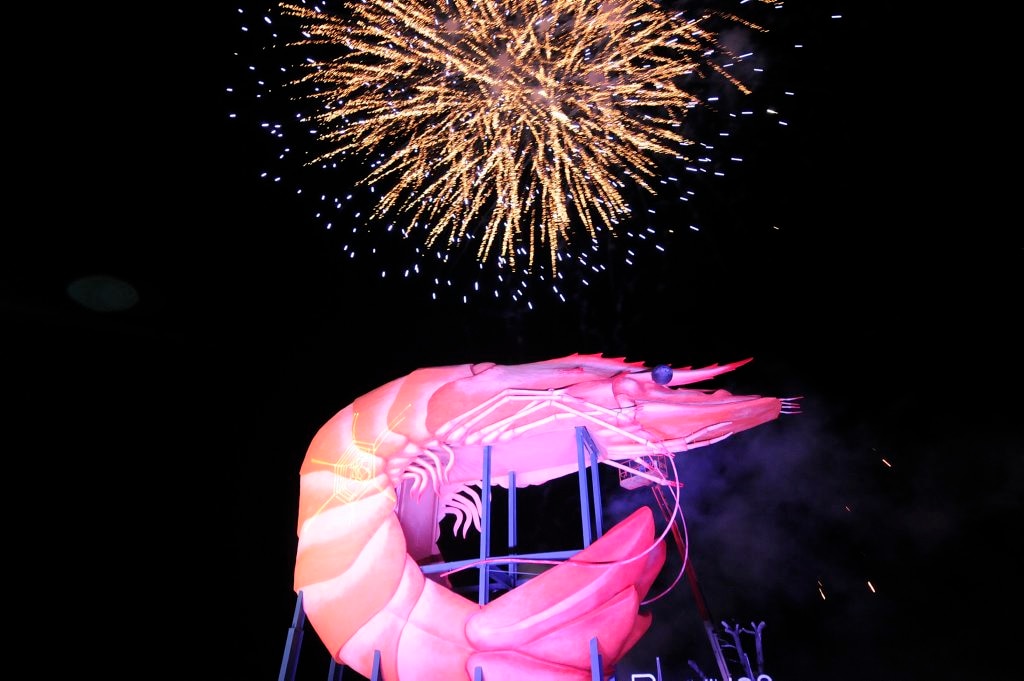 The laser show that celebrated the 2012 unveiling of the refurbished Big Prawn at Ballina. Picture: Doug Eaton