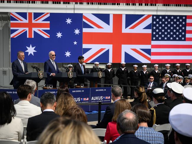 SAN DIEGO, CALIFORNIA - MARCH 13: Australian Prime Minister Anthony Albanese (L), US President Joe Biden (C) and British Prime Minister Rishi Sunak (R) hold a press conference after a trilateral meeting during the AUKUS summit on March 13, 2023 in San Diego, California. President Biden hosts British Prime Minister Rishi Sunak and Australian Prime Minister Anthony Albanese in San Diego for an AUKUS meeting to discuss the procurement of nuclear-powered submarines under a pact between the three nations. (Photo by Leon Neal/Getty Images)