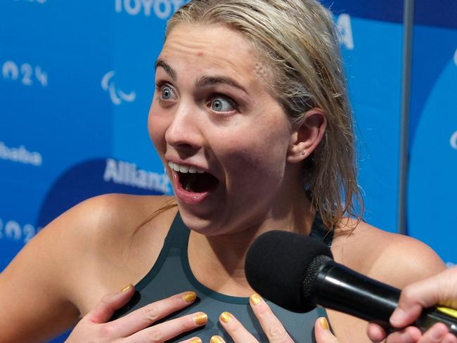 Australia's golden girl of the pool, Alexa Leary, wins the Paris Paralympic 100m S9 100m freestyle in a world record time at the La Defense Arena watched by her family and friends. Photo: Jacquelin Magnay