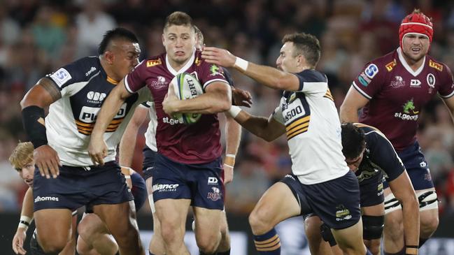 James O'Connor of the Queensland Reds on the attack during the round-8 Super Rugby AU match against the ACT Brumbies at Suncorp Stadium in Brisbane on Saturday. Picture: Regi Varghese/Getty Images