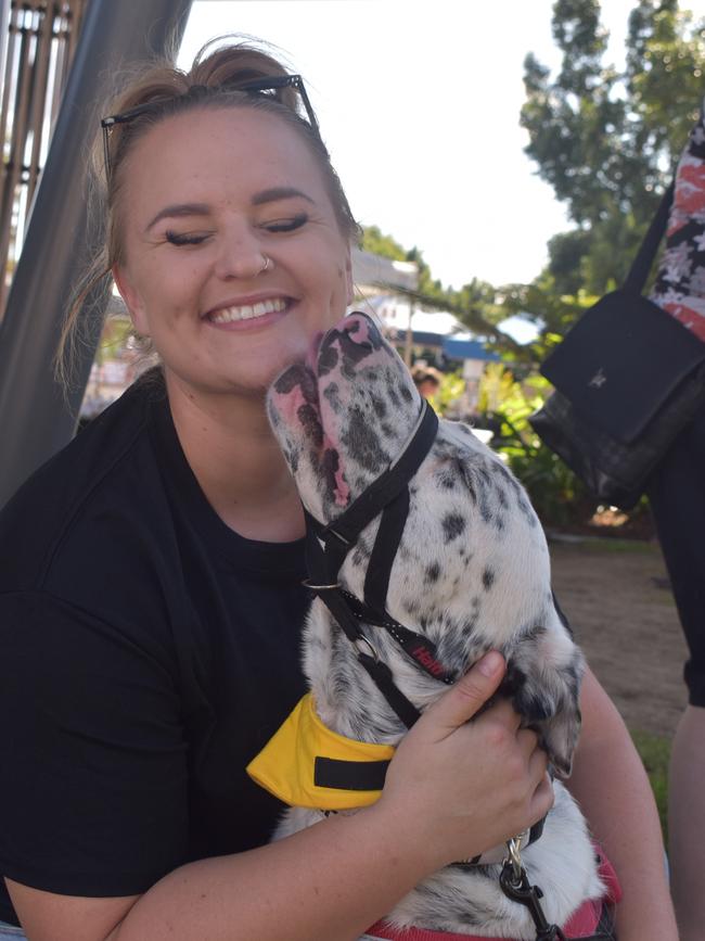 Ipswich 2023 Dog Day at Nicholas Street Precinct pictured is Steph Ison with dog Neil who is a deaf koolir