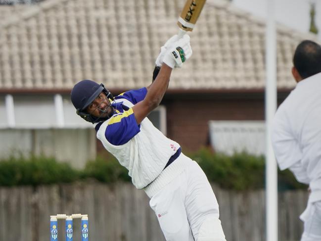 Victorian batter Satheesh Fernandu hits straight. Picture: Valeriu Campan