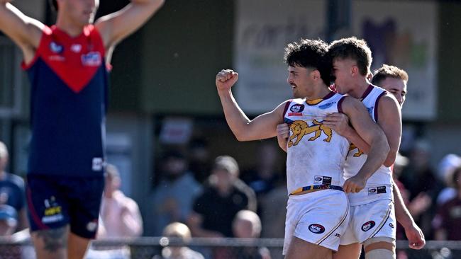 Josh D’Intinosante celebrates a goal for South Morang. Picture: Andy Brownbill