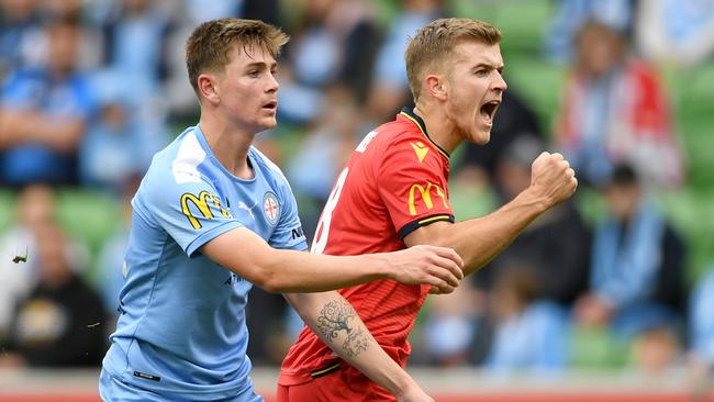 Riley McGree celebrates his second-half goal during Adelaide United’s A-League loss to Melbourne City. Picture: Morgan Hancock/Getty Images