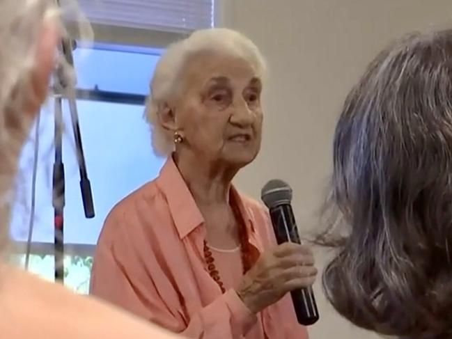 Resident of Byron Bay's Feros Village Kate Smorti, 95, at Marvell Hall in Byron Bay on March 12, 2023 speaking against the closure of the facility. Pictures: Jacqui Walsh.