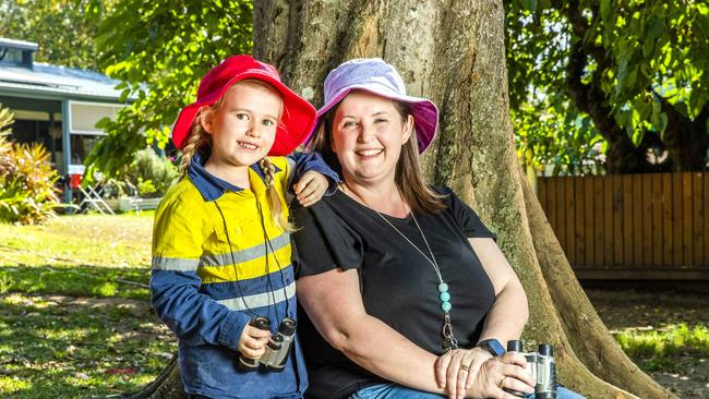 Bush Kindy Educator Rebecca Stephens from Strathpine Community Kindergarten with four-year-old Giselle Woodbridge. Picture: Richard Walker