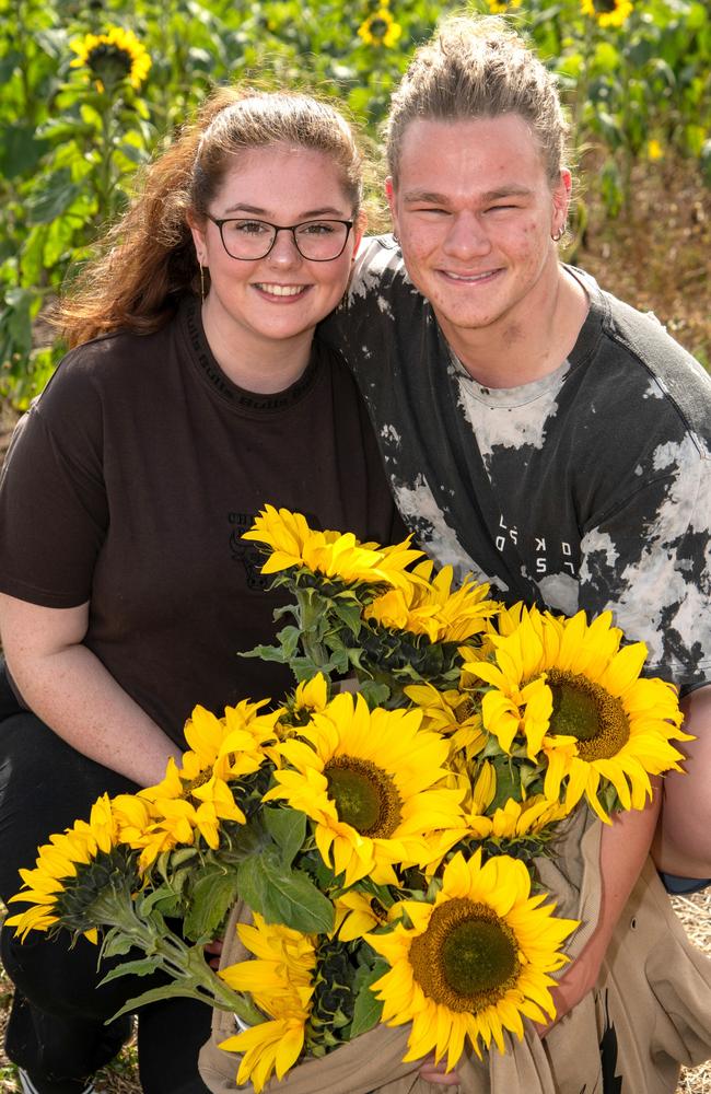 Morgan Butler and Jaxson Greer.Open day at Warraba Sunflowers, Cambooya. Saturday June 29th, 2024