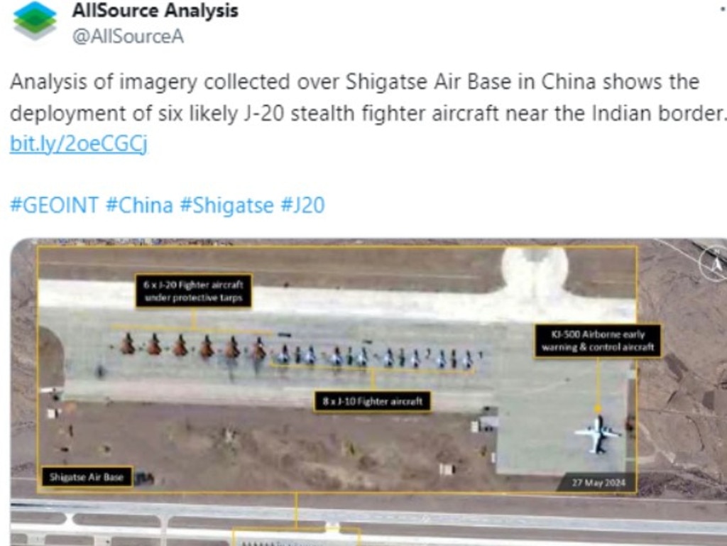 Images from X shows six likely J-20 stealth fighter aircraft near the Indian border. Picture: @AllSource!/X