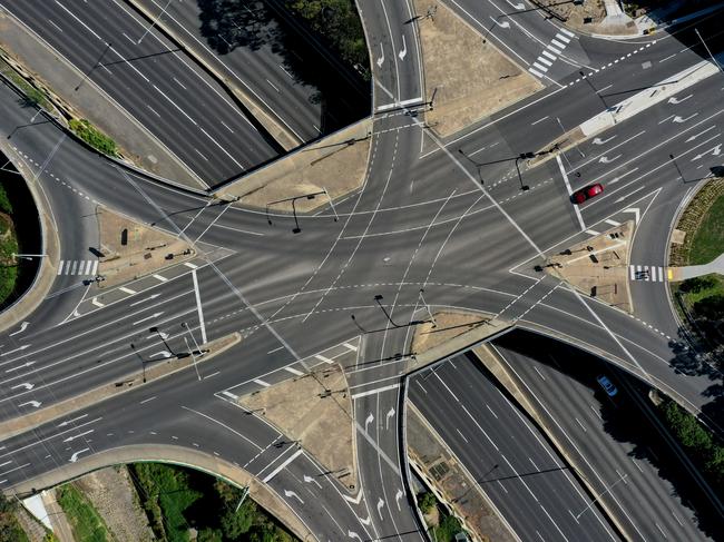 Melbourne’s empty roads. Picture: Alex Coppel