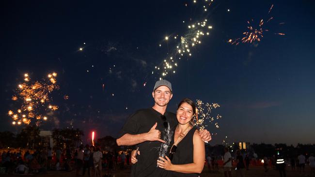 Blake Butcher and Ashleigh Clements from QLD celebrates Territory Day at Mindil Beach, Darwin. Picture: Pema Tamang Pakhrin