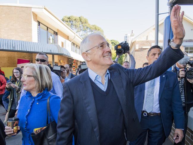 Prime Minister Malcolm Turnbull voted at Double Bay Primary School this morning and then quickly ditched the press. Picture: Jason Edwards