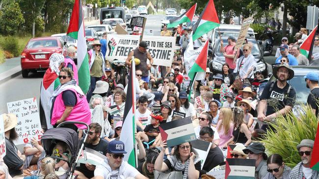 Free Palestine Protest in Little Malop St Geelong then stopping in Malop St then onto Transvaal Square Picture: Mark Wilson