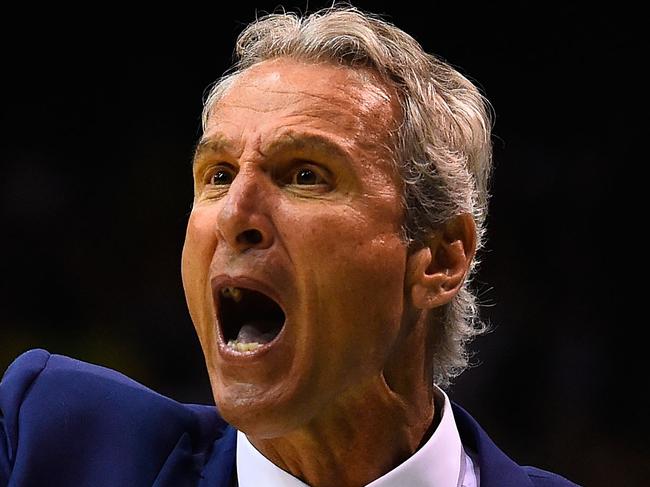 TOWNSVILLE, AUSTRALIA - NOVEMBER 26: Melbourne United coach Dean Demopoulos yells out to his players during the round eight NBL match between the Townsville Crocodiles and Melbourne United on November 26, 2015 in Townsville, Australia. (Photo by Ian Hitchcock/Getty Images)