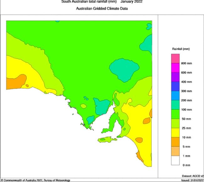 Rainfall across the state was 175 per cent above average, making it SA’s fourth-wettest January on record, according to the Bureau of Meteorology. Picture: Supplied/BOM