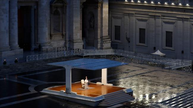 Pope Francis presides over a moment of prayer on the sagrato of St Peter’s Basilica. Picture: AFP