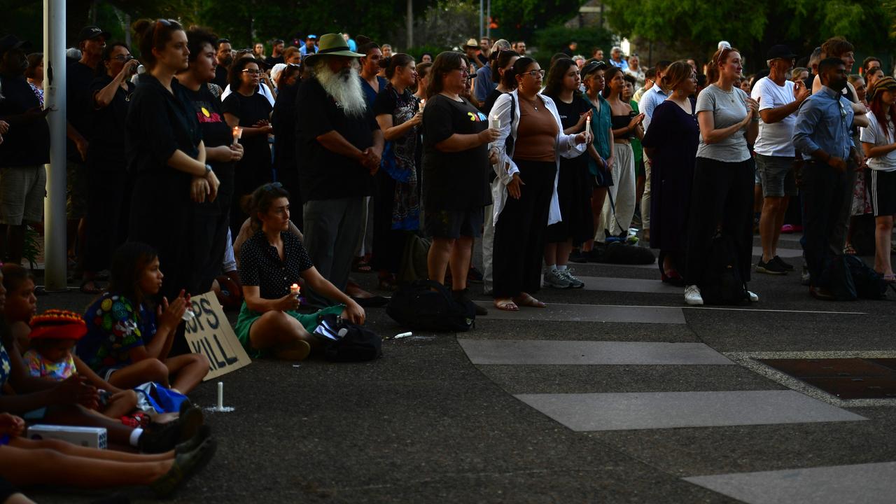 Hundreds of Top End residents gathered outside the NT Parliament on Wednesday for a vigil for Kumanjayi White, a 24-year-old Warlpiri man with a disability who died after being restrained by police in the Alice Springs Coles. Picture: Zizi Averill