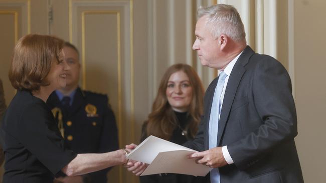 Tasmanian Governor Barbara Baker with Premier Jeremy Rockliff at the swearing in of the new Tasmanian government cabinet at Government House in Hobart this week. Picture: Nikki Davis-Jones