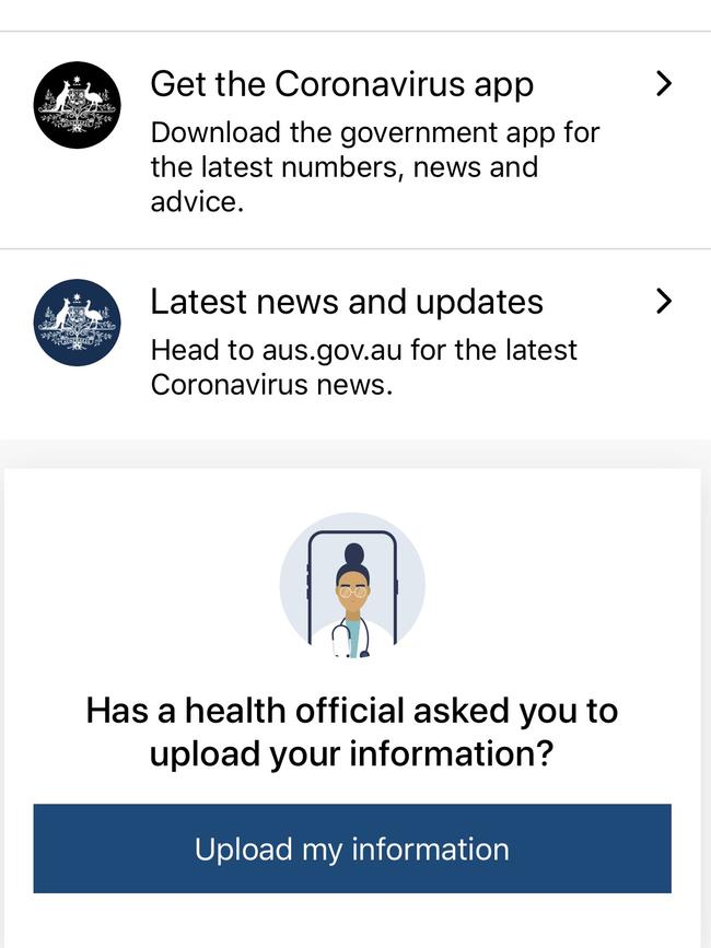 You should only click the ‘Upload My Information’ button if advised by a health professional. Picture: Supplied