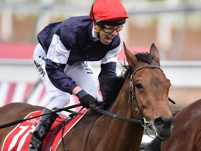 Kerrin McEvoy reacts after riding Almandin to victory in the Melbourne Cup at Flemington Racecourse in Melbourne, Tuesday. Nov. 1, 2016. (AAP Image/Julian Smith) NO ARCHIVING, EDITORIAL USE ONLY