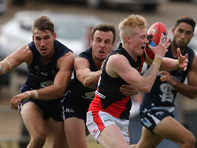 SANFL Rd 6 South Vs West at Hickinbothan Oval - Tyson Brown (South), Tom Whittlesea (South), John Noble (West) - Image courtesy of Nick Hook Photography