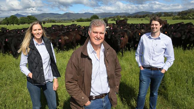 Tim Roberts-Thomson with his children Madeleine and James operate TRT Pastoral across Victoria and Tasmania.