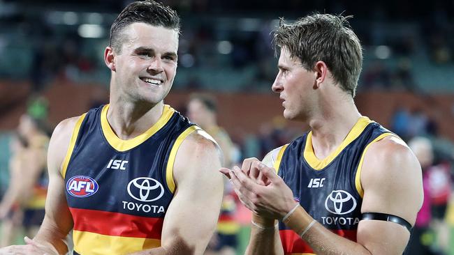 Brad and Matt Crouch in their final game together for the Crows. Picture: Sarah Reed