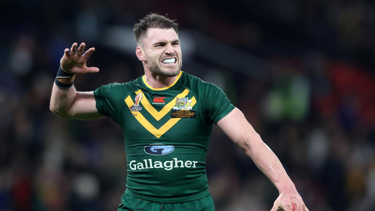 Angus Crichton can celebrate because he’s free to play for the Roosters in round 1. Picture: Naomi Baker/Getty Images