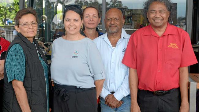 WORKING TOGETHER: Marilyn Thomas of Helem Yumba, Sharona Kemp of Juwarki Kapu-Lug, Peta Steedman of Helem Yumba, Mark Warcon of Gumbi Gubi, and Thalep Ahmat of Bidgerdii co-signed the Murri Binda statement of cooperation. Picture: Jann Houley
