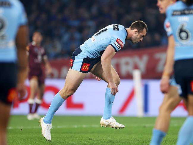 Isaah Yeo stumbles to his feet after the first hit up of the game. Picture: Mark Kolbe/Getty