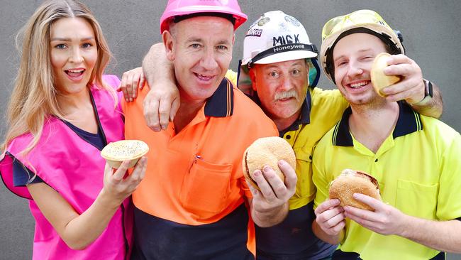 Tradies Talia Cerritelli, Colin Green, Mick Adami and Andy Padgett put the veggie burgers to the test. Picture: Nicki Connolly