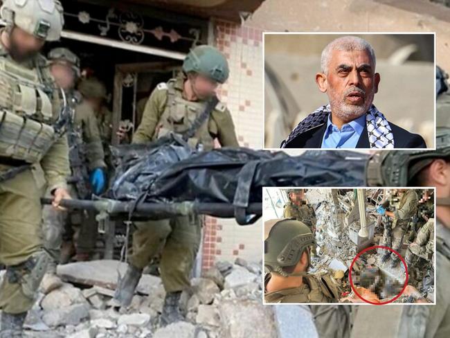 Hamas leader Yahya Sinwar (top right) is carried out in a bodybag (main) after being found in the rubble of a building after an Israeli attack in Gaza. Pictures: Supplied