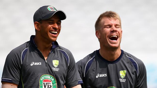NOTTINGHAM, ENGLAND - JULY 08: David Warner of Australia and Usman Khawaja of Australia look on during an Australian Training Session at Trent Bridge on July 8, 2013 in Nottingham, England. (Photo by Ryan Pierse/Getty Images)
