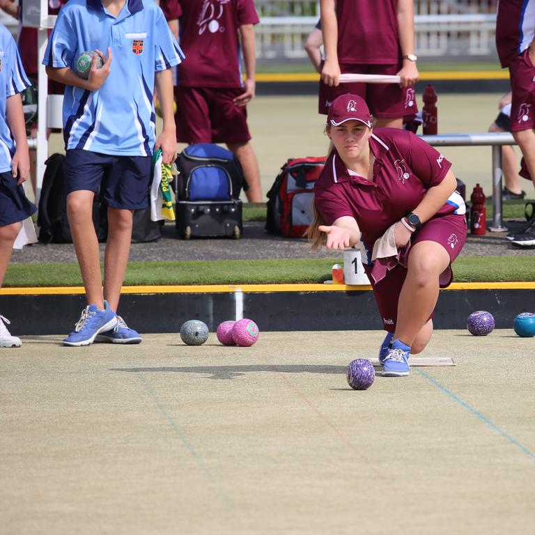 Action from the Australian Schools Super lawn bowls series played at Tweed Heads between Queensland, NSWCHS and Victoria. Zayah Morgan in action. Picture: BOWLS QLD