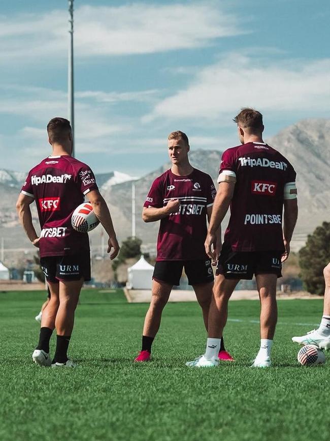 Daly Cherry-Evans talks shop at training in Las Vegas. Picture: Instagram