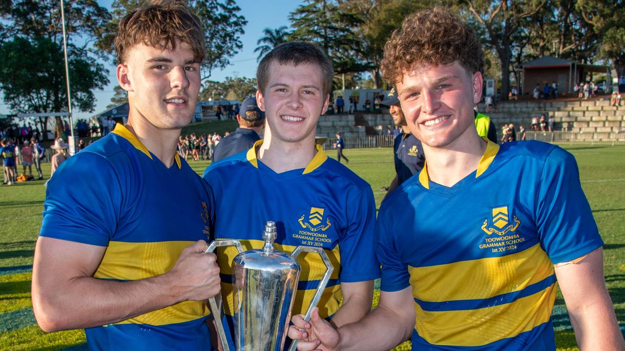 (From left) Trace Beattie, Ben Burgess and Joe Gray celebrate the win for TGS. 2024 O'Callaghan Cup at Downlands College. Photo by Nev Madsen