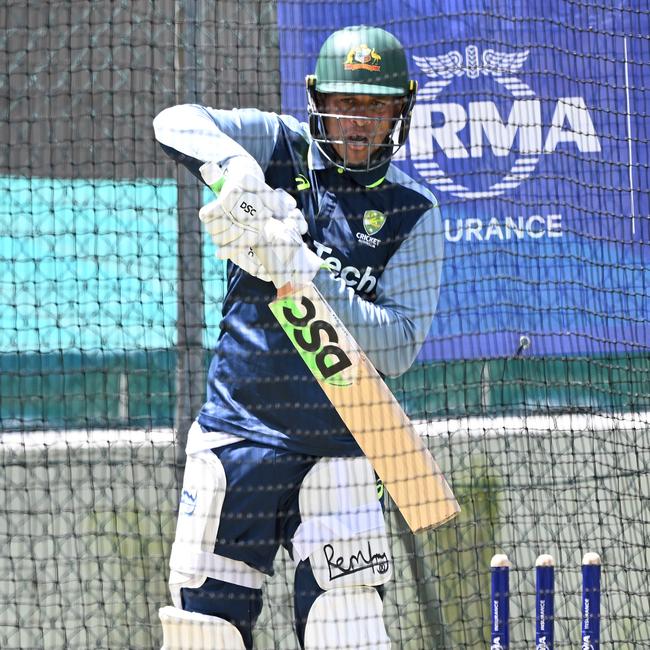 Usman Khawaja bats during an Australia Men's Test Squad training session at The Gabba. Photo: Bradley Kanaris – Getty Images.