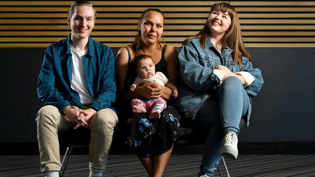 David Olijnyk, Australian Science and Mathematics School; Tonya Frank, Mark Oliphant College; with daughter Violet; and Jessica Bottcher, Roma Mitchell Secondary College. Picture: Tricia Watkinson