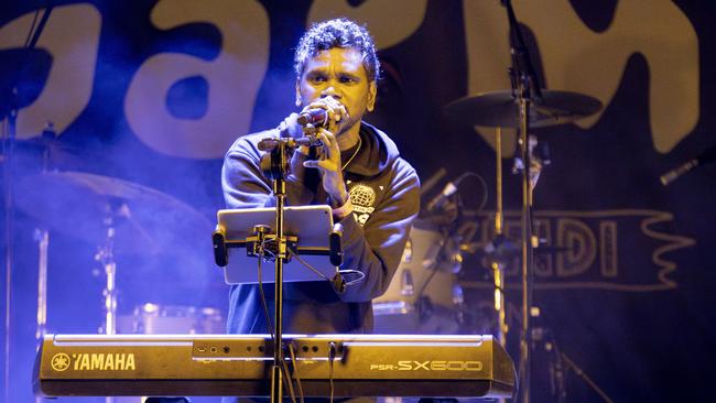 Terry Guyula performing with Drifting Clouds at the 2024 Garma Festival. Picture: Peter Eve / Yothu Yindi Foundation.