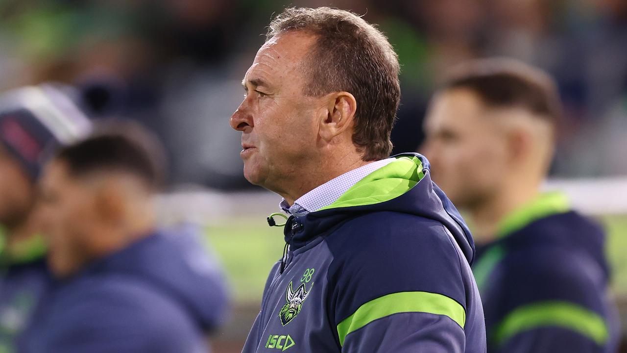 Raiders coach Ricky Stuart was furious with his players after another second-half fadeout. Picture: Mark Nolan/Getty Images