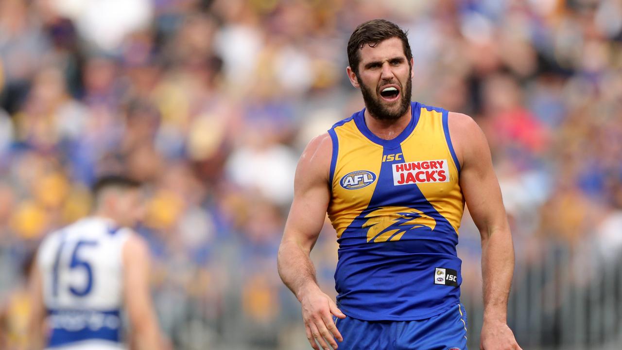 Jack Darling of the Eagles reacts after missing a goal during the Round 19 AFL match between the West Coast Eagles and the North Melbourne Kangaroos at Optus Stadium in Perth, Saturday, July 27, 2019. (AAP Image/Richard Wainwright) NO ARCHIVING, EDITORIAL USE ONLY