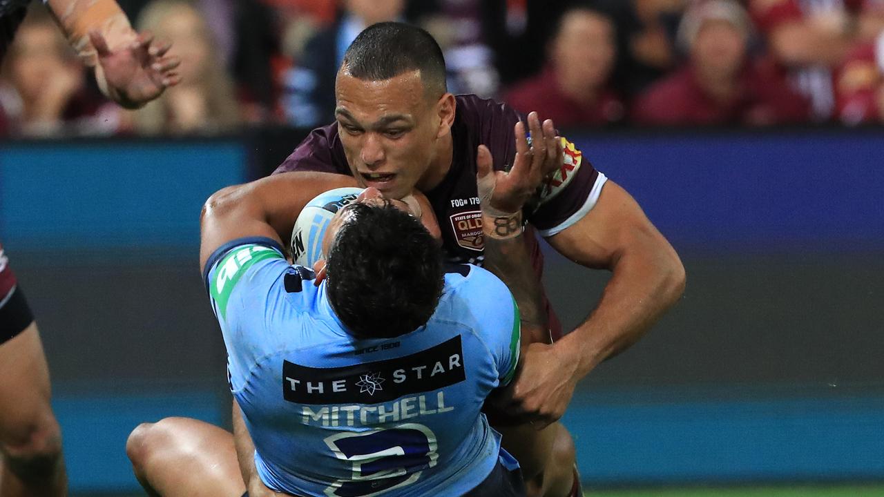 Will Chambers tackles Latrell Mitchell during game 1 of the 2019 Origin series.