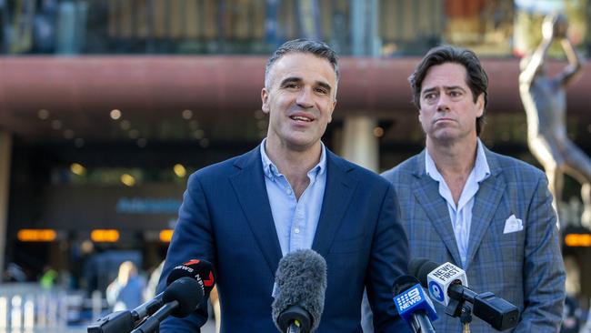 Premier Peter Malinauskas and Gillon McLachlan the chief executive officer of the Australian Football League at a Press Conference to announce Gather Round will stay in SA for another three years. Picture: Emma Brasier