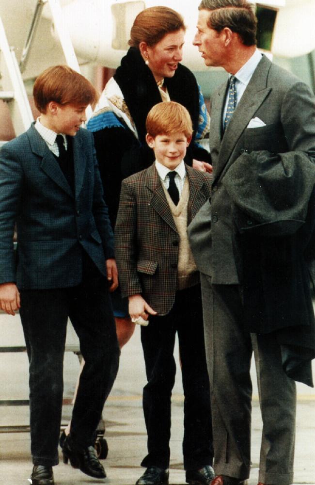 Prince William, Prince Harry and Prince Charles with Tiggy Legge-Bourke in 1994. Picture: Supplied